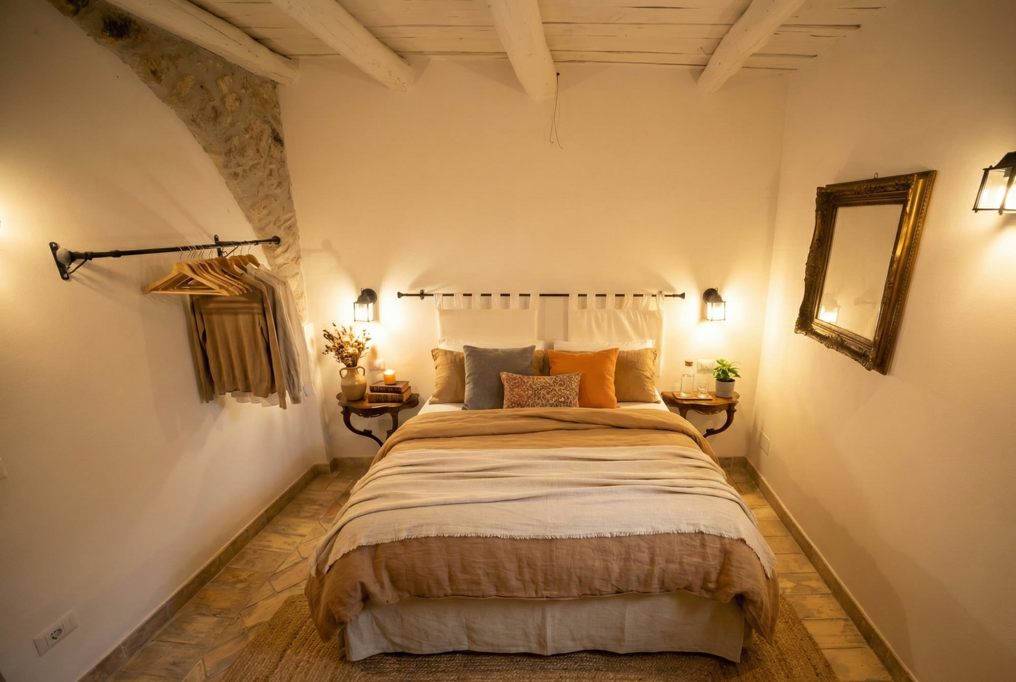Attic room with lime-washed beams and linen bedding